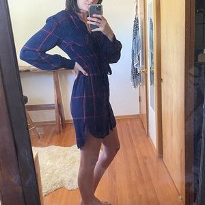 blue and pink plaid shirt dress with tie waist